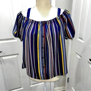 Chocolate Off shoulder thin strap button front blouse with puff sleeves ,striped